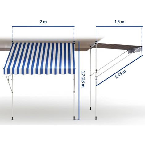 Store banne à bras articulés – Fixation par pinces, hauteur réglable, dimensions 200 x 150 cm, bleu/blanc, aluminium – Protection solaire modulable pour terrasse (1/5)