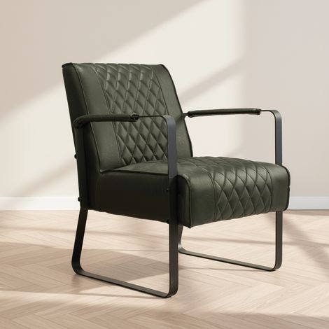 Fauteuil industriel en cuir artificiel vert motif losange Peter