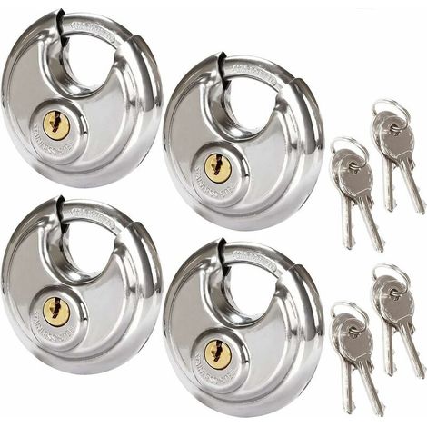 Lot de 4 Cadenas Circulaires de Sécurité, 70MM Cadenas Rond en Acier Inoxydable, Cadenas à Disque Résistant à la Rouille pour les Remises, les Garages, les Remorques