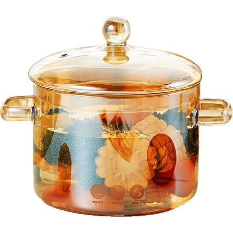 Bol en verre de 1,5 L (50 oz) avec couvercle, saladier, saladier de service, coupe à fruits, bol à dessert, résistant à la chaleur, double poignée – Ambre