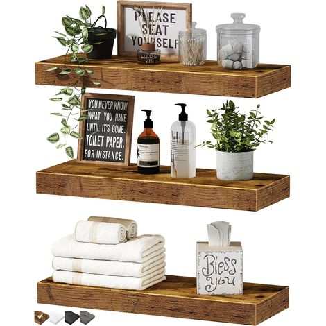 Lot de 3 étagères flottantes 40 cm en bois – Étagères murales décoratives marron pour salle de bain, chambre, cuisine et séjour, style rustique (1/5)