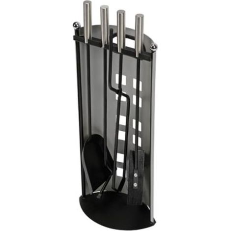 Perel – Serviteur de cheminée 4 pièces en métal – Outils résistants à la chaleur : balayette, pelle, tisonnier, pince – Design moderne gris argent (1/4)