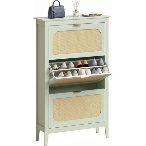 HOMCOM Boho Slim Shoe Cabinet with Rattan Doors, Holds 21 Pairs, Green (1/5)