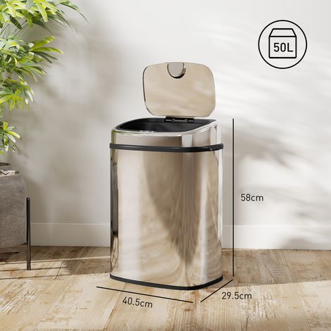 Poubelle en acier inoxydable de 50 L avec capteur infrarouge (2 positions d'ouverture/fermeture, argentée) (1/5)