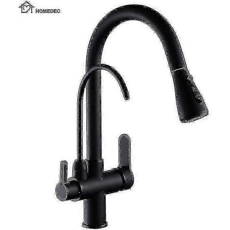Grifo de cocina extraíble de 3 vías con filtro de agua, grifo mezclador de latón cromado negro mate para fregadero. (1/5)