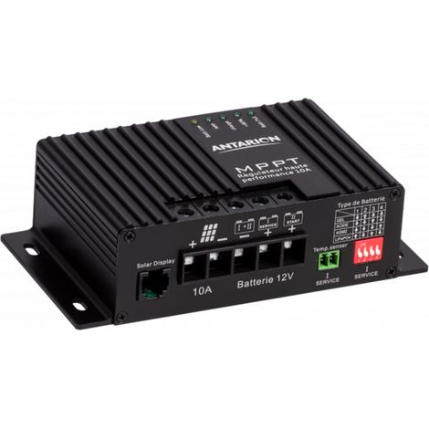 Régulateur de charge solaire MPPT 10A 160W – Tension paramétrable 12V/24V – Sortie double pour batteries – Meilleur rendement – Antarion