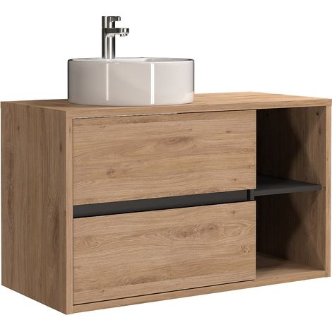 Vente-Unique – Meuble sous vasque suspendu 100 cm – Vasque ronde en céramique blanche – 2 tiroirs soft close – Coloris naturel clair – Éco-responsable