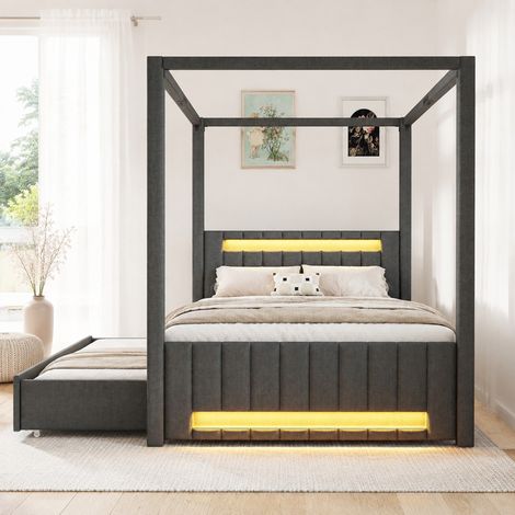 Himmelbett 140x200 cm Grau aus Leinen und MDF mit Ausziehbett, 3 Schubladen und LED-Beleuchtung (1/5)