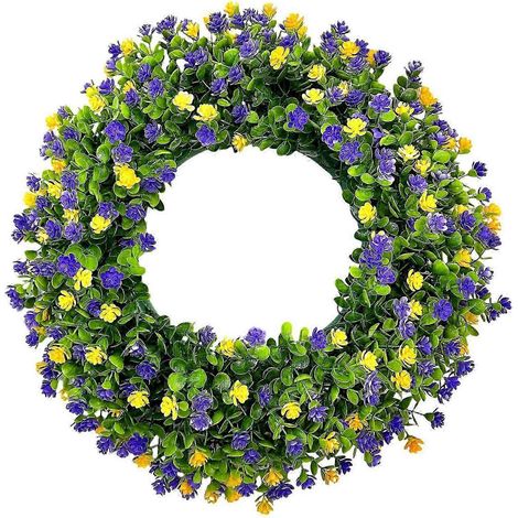 Couronne de fleurs artificielles réutilisable (28 cm, violet-jaune), guirlande d'eucalyptus artificiel, fausse verdure, couronne de fleurs colorées pour (1/5)