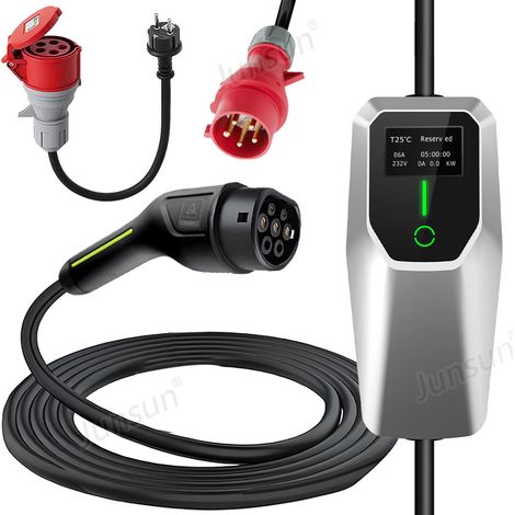 Câble de recharge Type 2 16A 11kW triphasé 4m portable 1adaptateur JUNSUN