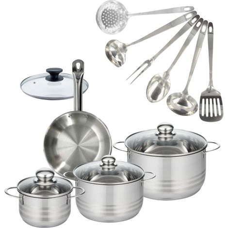 Set 1 poêle 20 cm en inox et couvercle, 3 faitouts inox 16, 20 et 24 cm et 6 ustensiles inox Fackelmann Eterna (1/5)