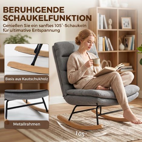 Fauteuil à bascule en lin, coussin lombaire, dossier haut, assise large, double rembourrage, gris clair (1/5)