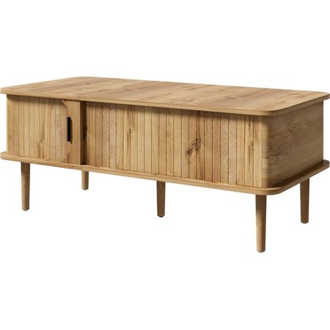Mesa de centro retro moderna con tablero elevable, puerta corredera, MDF, color madera natural (1/5)