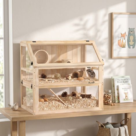 Cage hamster rongeur à 3 niveaux fond amovible de 31 cm de profondeur cabane balançoire 80x50x76cm finition bois naturel (1/5)