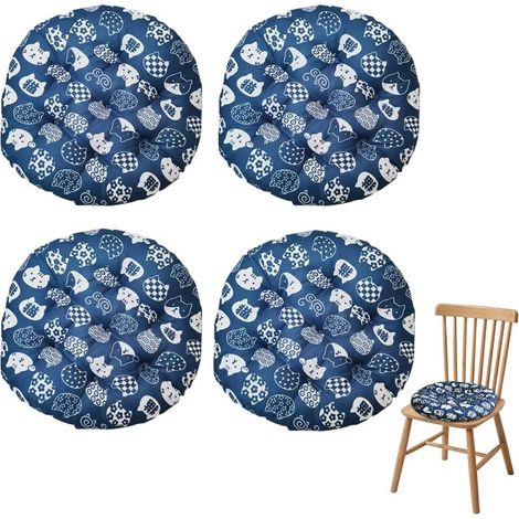 Lot de 4 coussins de chaise ronds - Diamètre : 40 cm - Confortables - Pour chaise, sol, intérieur et extérieur - Pour salle à manger, jardin, salon - Motif patte de chien en velours bleu
