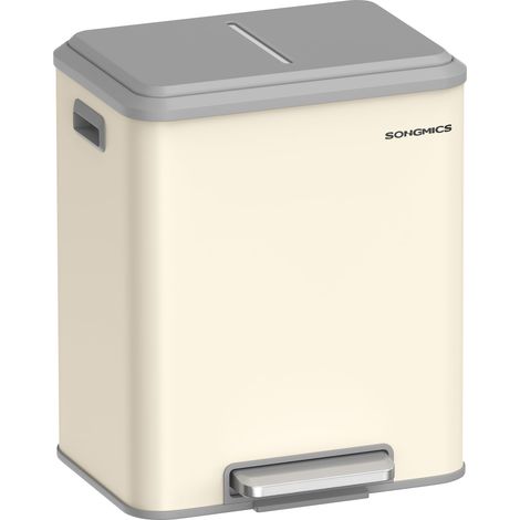 Poubelle de Cuisine, 2 x 15 L Poubelle Double pour le Recyclage et les Déchets Ménagers, Seaux Intérieurs, Acier, Fermeture Douce, Pédale, Beige Sable LTB544A02 (1/5)
