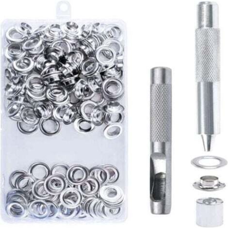 100 Oeillets Kit Oeillets Outils Métalliques Oeillet Kit 10mm Oeillet Oeillet Kit pour Toile Bâche Tente Réparation Argent (1/4)