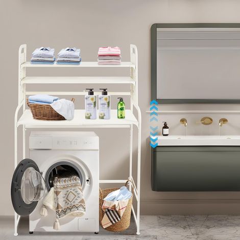 Laundry Room Shelf, 3-Tier White Washing Machine and Dryer Storage Rack, Laundry Room Shelves, Laundry Room Storage and Organizer Standing Shelf with Hooks, Adjustable Height & Width (1/5)