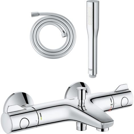 Pack mitigeur bain thermostatique GROHE Grohtherm 800 + Douchette 1 jet Vitalio Get Stick + Flexible