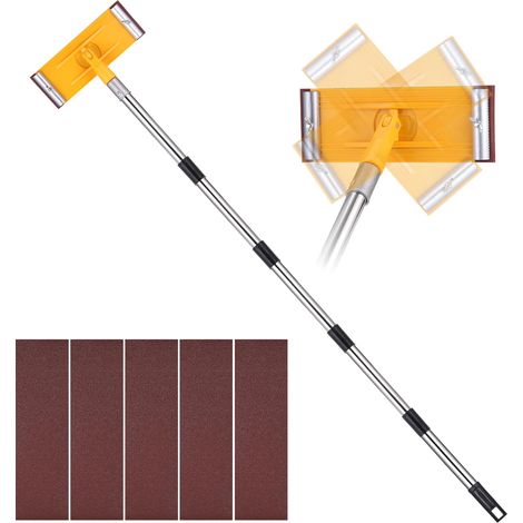 Ponceuse Placo à Perche Télescopique, 150cm avec 10 Feuilles de Papier à Poncer Remplaçables, Ponceuse Murale à 360° avec Papier de Verre pour Ponçage Facile des Murs et Plafonds (1/5)