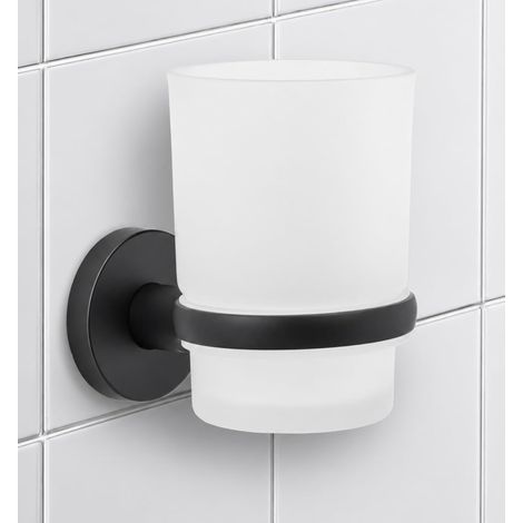 Soporte autoadhesivo de pared para cepillos de dientes con vaso – Elegante soporte para cepillos y pasta de dientes para baño y ducha – Negro (1/5)