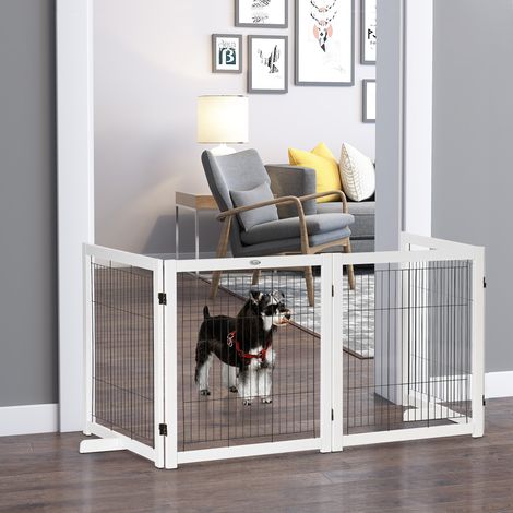 Barrière pour chien autoportante avec pieds, 305 x 82 cm, en bois, pliable, pour escaliers, portes, couloirs, 4 panneaux, blanche (1/5)