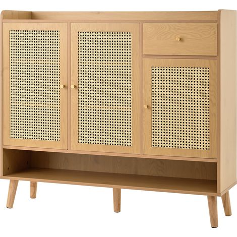 Meuble à chaussures en rotin naturel avec 3 portes, 1 tiroir et 5 étagères, poignées métalliques, pieds en bois massif, 120x35x106 cm (1/5)