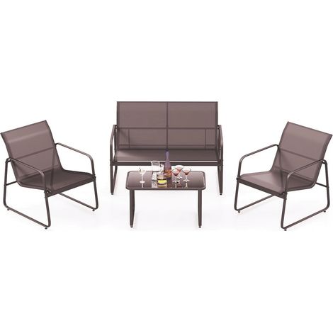 Ensemble mobilier extérieur 4 pièces, 2 fauteuils, banquette 2 places et table basse verre trempé, tissu respirant, cadre métallique marron pour terrasse, balcon et bord de piscine