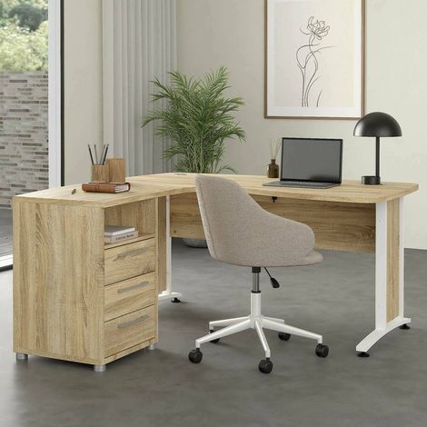 Dmora - Schreibtisch Estong, Mehrzweckschreibtisch, Bürotisch für PC, Eckschreibtisch, 159x150 h75 cm, Eiche und Weiß (1/5)
