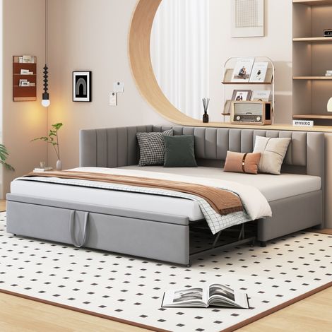 Divano letto imbottito in velluto grigio 90x200 cm con letto estraibile e schienale ad angolo (1/5)