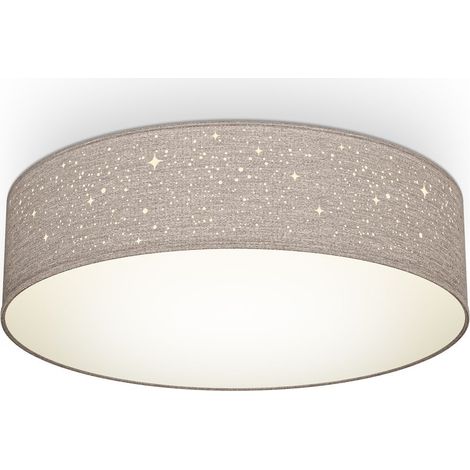 B.K.Licht plafonnier tissu taupe avec décor étoile, éclairage plafond chambre, salon, salle à manger, 2 douilles E27 pour ampoules de 40W max, Ø38cm