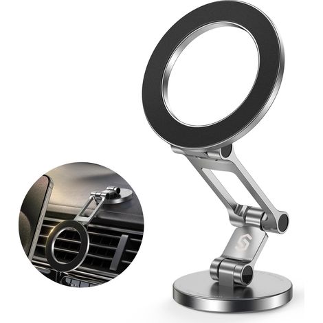 Support voiture magnétique compatible MagSafe métal complet, rotation 3 axes 360°, aimant puissant pour iPhone 17 16 15 14 Pro Max argent (1/5)