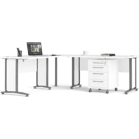 Dmora - Scrivania Mirella, Scrittoio multiuso, Tavolo per ufficio porta PC, Piano di lavoro, 230x200 h75 cm, Bianco e Grigio
