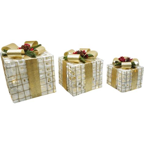 Set 3 Pacchi di Natale con LED in Plastica Oro e Bianco (1/2)