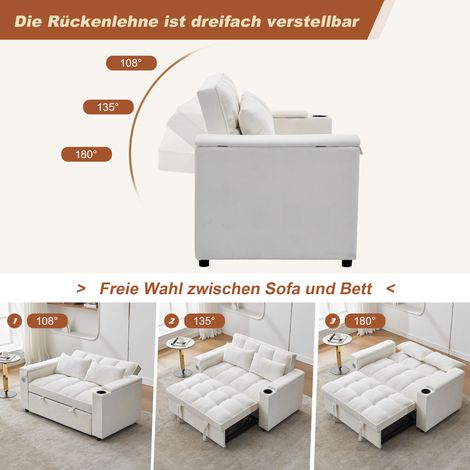 Canapé convertible 3-en-1 140x74x82cm, dossier réglable, port USB, 2 places, banquette d'appoint pliable avec table cachée et porte-gobelets, beige (1/5)