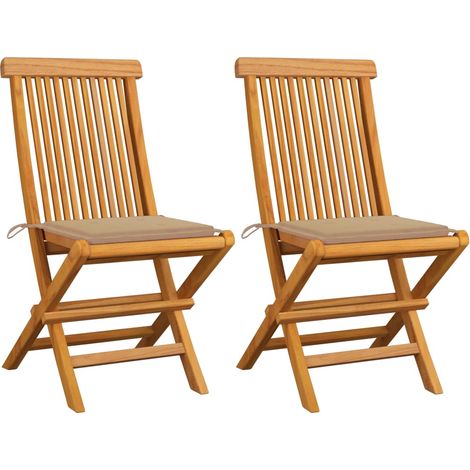 Lot de 2 Chaises de jardin avec coussins beige - Chaise d'extérieur pour terrasse/jardin Bois de teck massif BV125421 - BonneVie (1/5)