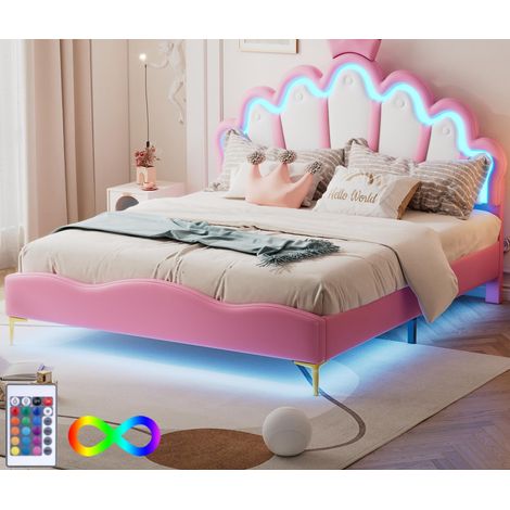 Lit enfant 140x200cm avec LED - lit princess avec coussin en similicuir - Rose (1/4)
