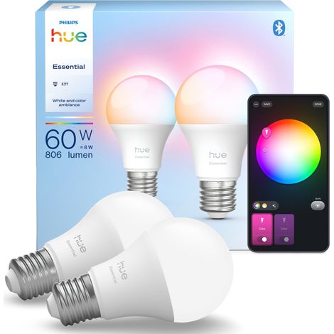 Philips Hue Essential LED lot de 2 E27 Ampoules Standard (A60) Lumière blanche et colorée - White and Color Ambiance