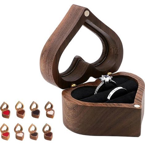 Caja individual para anillos de nogal, ideal para pedidas de mano, compromisos, bodas y aniversarios de boda, con soporte magnético retro, suave forro interior, caja de almacenamiento de madera (doble (1/5)