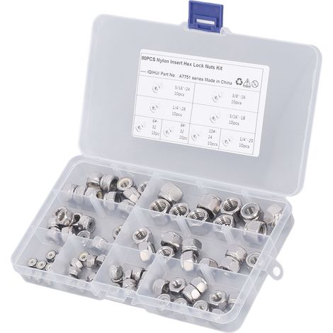 Kit assortiment de 80 pièces écrous à six pans frein en acier inoxydable 304 à insert nylon 8 formats (1/5)