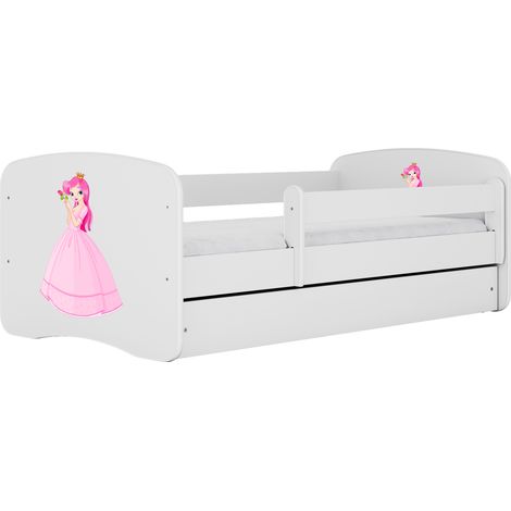 Lit enfant et junior 80 x 160 cm avec tiroir et barrière amovible, motif Princesse, blanc (1/4)