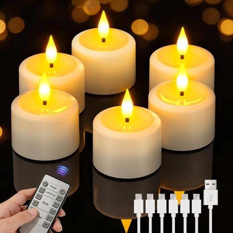 Lot de 6 bougies chauffe-plat LED rechargeables par USB avec télécommande Bougies chauffe-plat rechargeables à piles avec minuteur pour décoration de maison, Halloween, Noël, diamètre 3,5 cm (1/5)