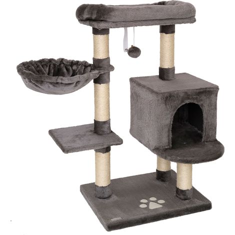 lionto Kratzbaum 93 cm mit Höhle, Liegemulde, Spielball & Sisalstämmen, kompakter Katzenbaum, dunkelgrau