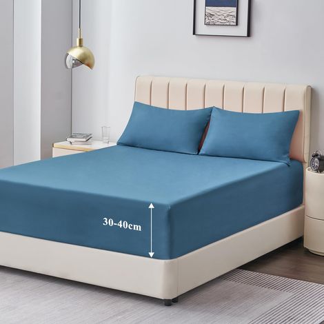 Drap Housse 160x200 Grand Bonnet 40 cm Drap Housse 2 Personnes 160 x 200 Grand Bonnet 40 cm Matelas en Microfibre avec Élastique Tout Autour, Denim Bleu (1/5)