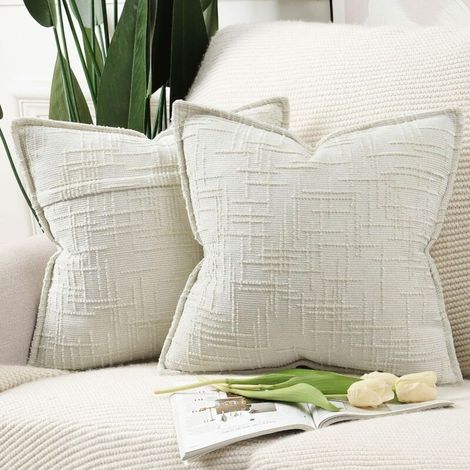 Lot de 2 Housses de Coussin d'Appoint en Chenille avec Bordure Décoratives Douces pour Canapé, Chambre & Salon Décoration Maison Moderne Blanc crème 45x45 cm (1/4)