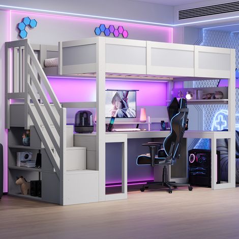 MODFU – Lit mezzanine enfant 90x200 cm MDF/contreplaqué – Bureau gaming et LED 7 couleurs – USB, étagère et escalier à 4 compartiments – Chambre – Blanc (1/5)