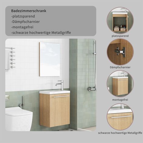Meuble vasque mural, lavabo céramique et miroir inclus, poignées métal, charnières amorties, chêne, salle bain robuste, finition élégante (1/5)