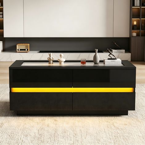 Couchtisch 100 x 50 x 40 cm mit 4 Schubladen, LED und gehärteter Glasplatte, schwarz OKMYHOME (1/5)