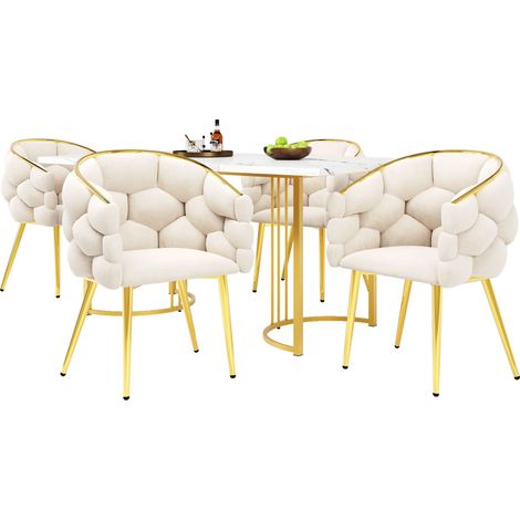 Ensemble table à manger 5 pièces 140 x 80 cm avec 4 chaises,plateau aspect marbre pieds fer dorés,chaises design moderne.