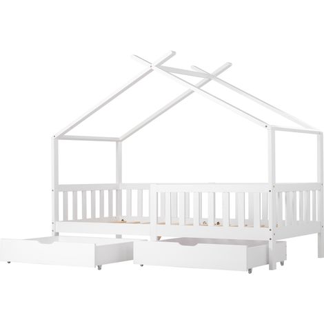 Cama casita infantil blanca 200 x 90 cm con 2 cajones, barreras y somier de lamas (1/5)